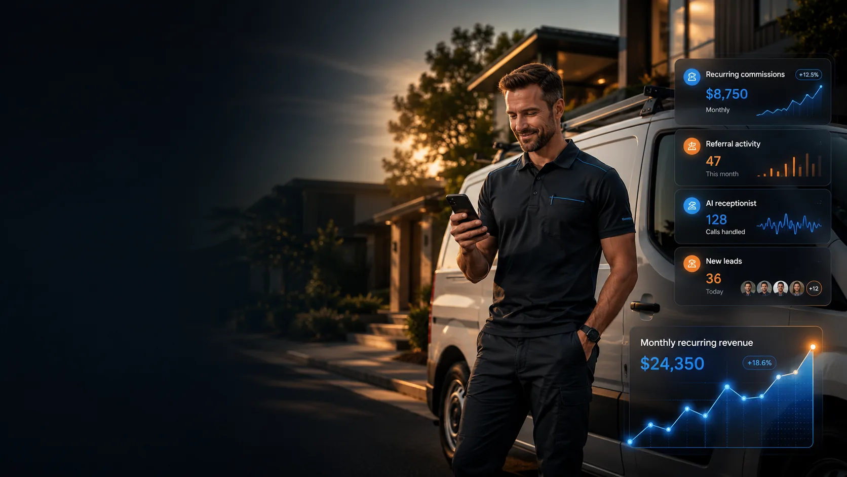 Home service business owner reviewing recurring commission activity beside a service van