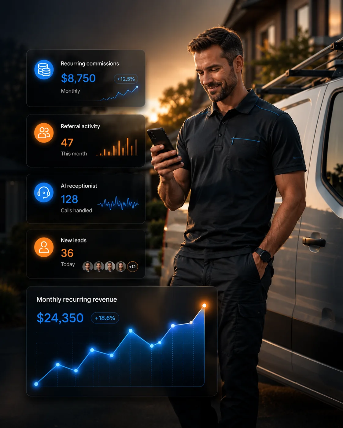 Mobile view of home service business owner with recurring commission dashboard overlays